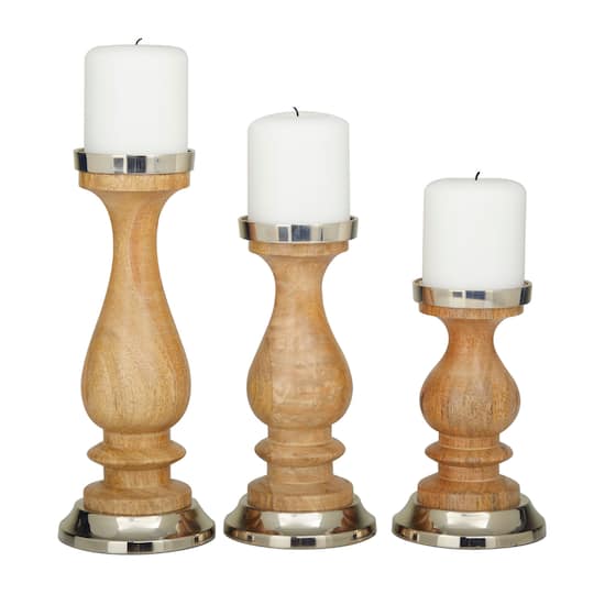 Silver Wood Candle Holder Set